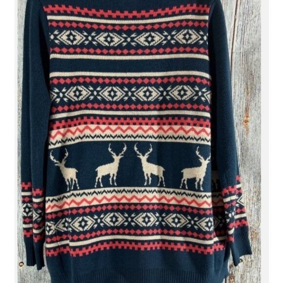 Pink Owl Navy Aztec Reindeer Fringe Open Front Cardigan Sweater Size Small - Picture 3 of 5